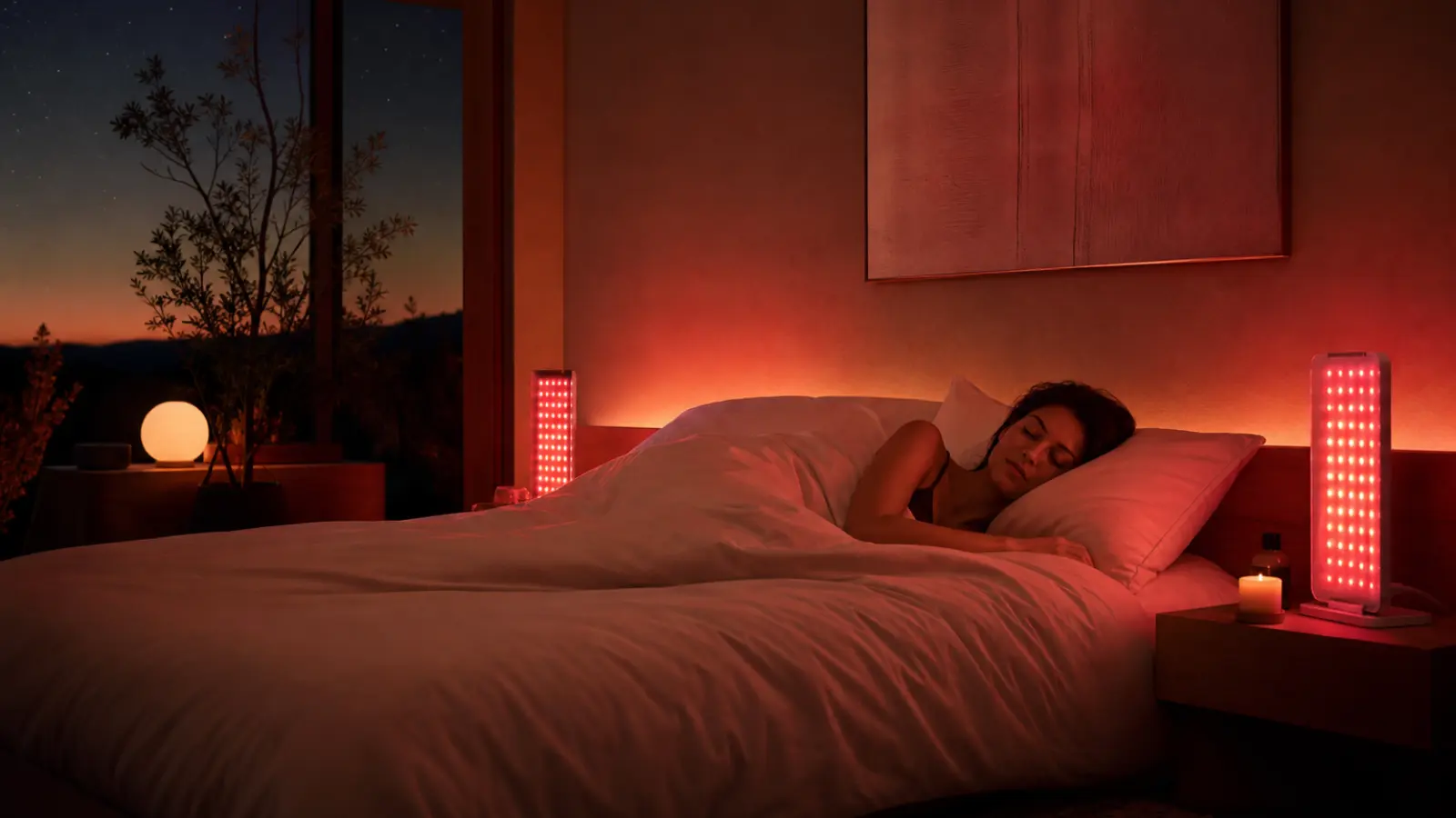 Person sleeping peacefully in a modern bedroom illuminated by soft red light therapy panels designed to support relaxation and healthy sleep