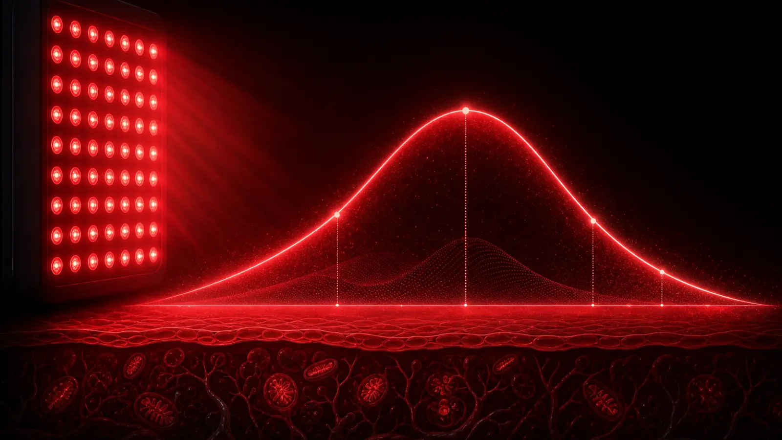 Stylized visualization of the biphasic dose response curve in red light therapy showing a glowing PBM panel, rising and falling treatment response curve, and illuminated tissue layers.